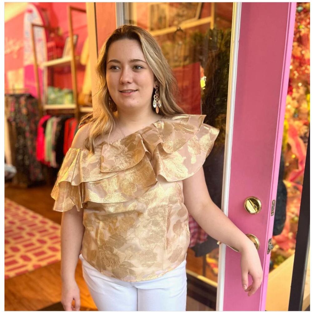 LILLY PULTIZER NWT Trixie One Shoulder Gold Organza Brocade Blouse // XS - Picture 2 of 12